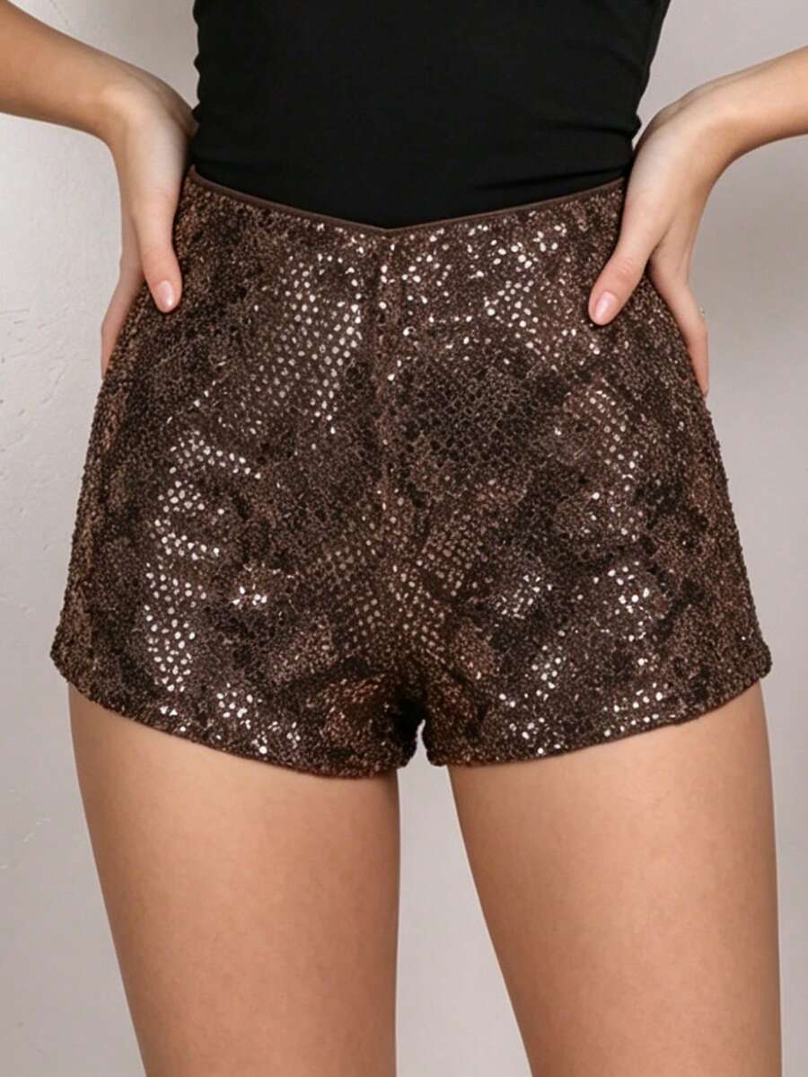 Women's Y2K leopard print sequin ultra short hot pants with elastic waist and shiny party style