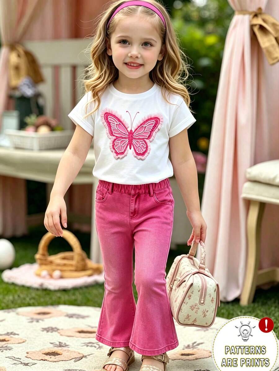 Elladie kids 2pcs/Set Young Girl Casual Butterfly Print Short Sleeve T-Shirt And Flare Pants,Cute Cartoon Graphic Fashionable Summer Clothes For School Outfit