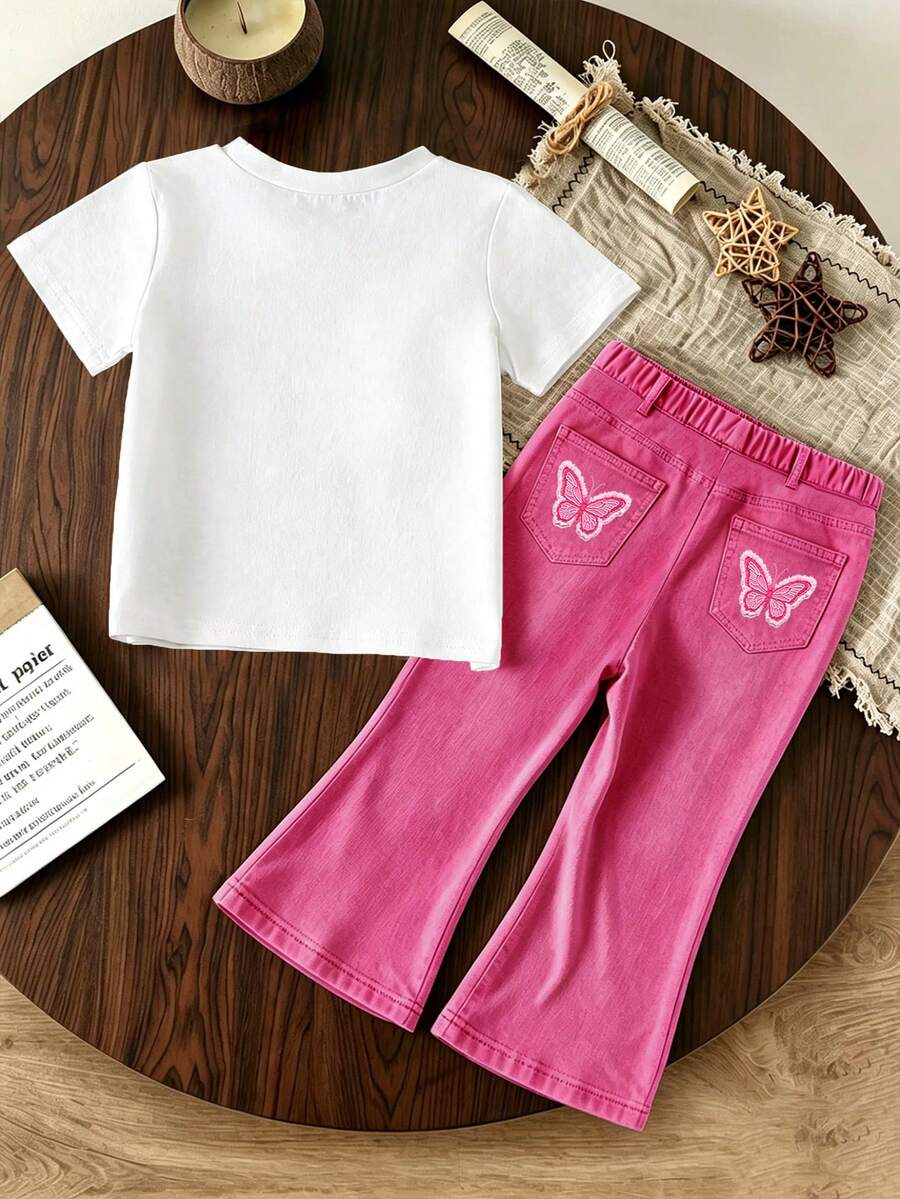 Elladie kids 2pcs/Set Young Girl Casual Butterfly Print Short Sleeve T-Shirt And Flare Pants,Cute Cartoon Graphic Fashionable Summer Clothes For School Outfit