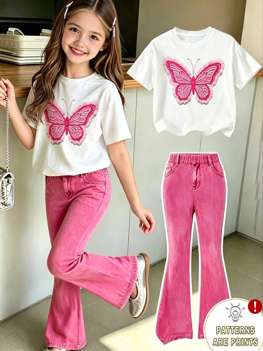 Elladie kids 2pcs/Set Young Girl Casual Butterfly Print Short Sleeve T-Shirt And Flare Pants,Cute Cartoon Graphic Fashionable Summer Clothes For School Outfit