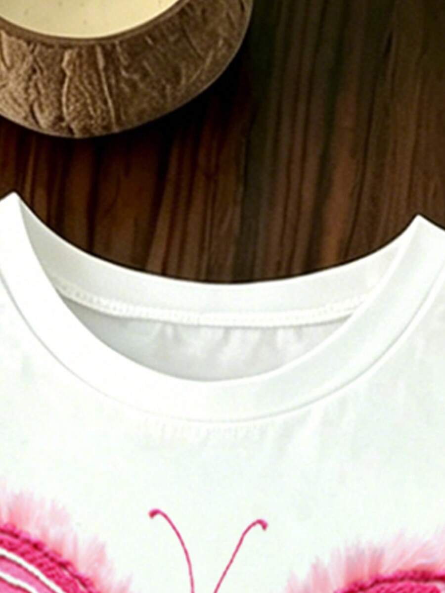 Elladie kids 2pcs/Set Young Girl Casual Butterfly Print Short Sleeve T-Shirt And Flare Pants,Cute Cartoon Graphic Fashionable Summer Clothes For School Outfit