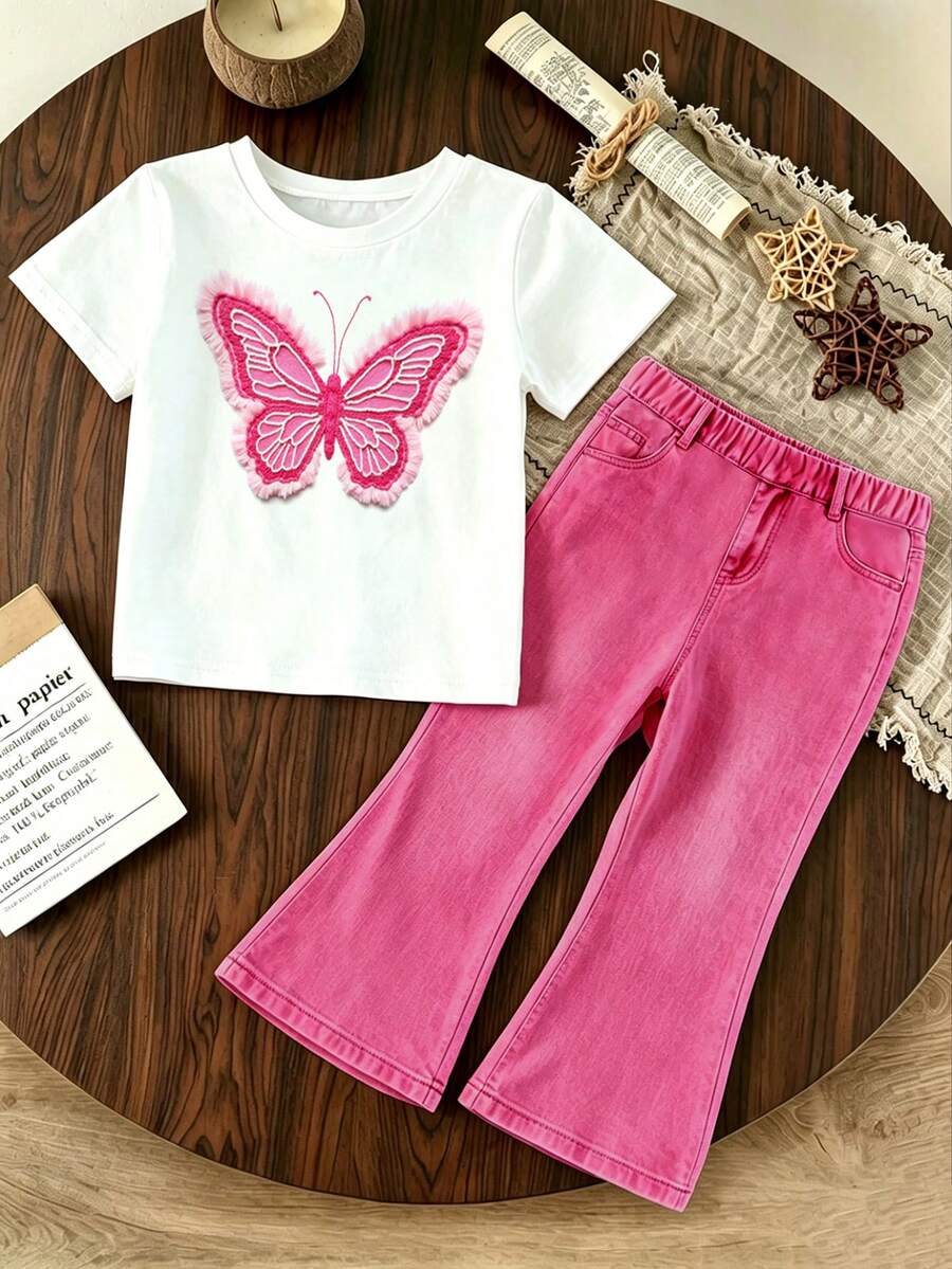 Elladie kids 2pcs/Set Young Girl Casual Butterfly Print Short Sleeve T-Shirt And Flare Pants,Cute Cartoon Graphic Fashionable Summer Clothes For School Outfit