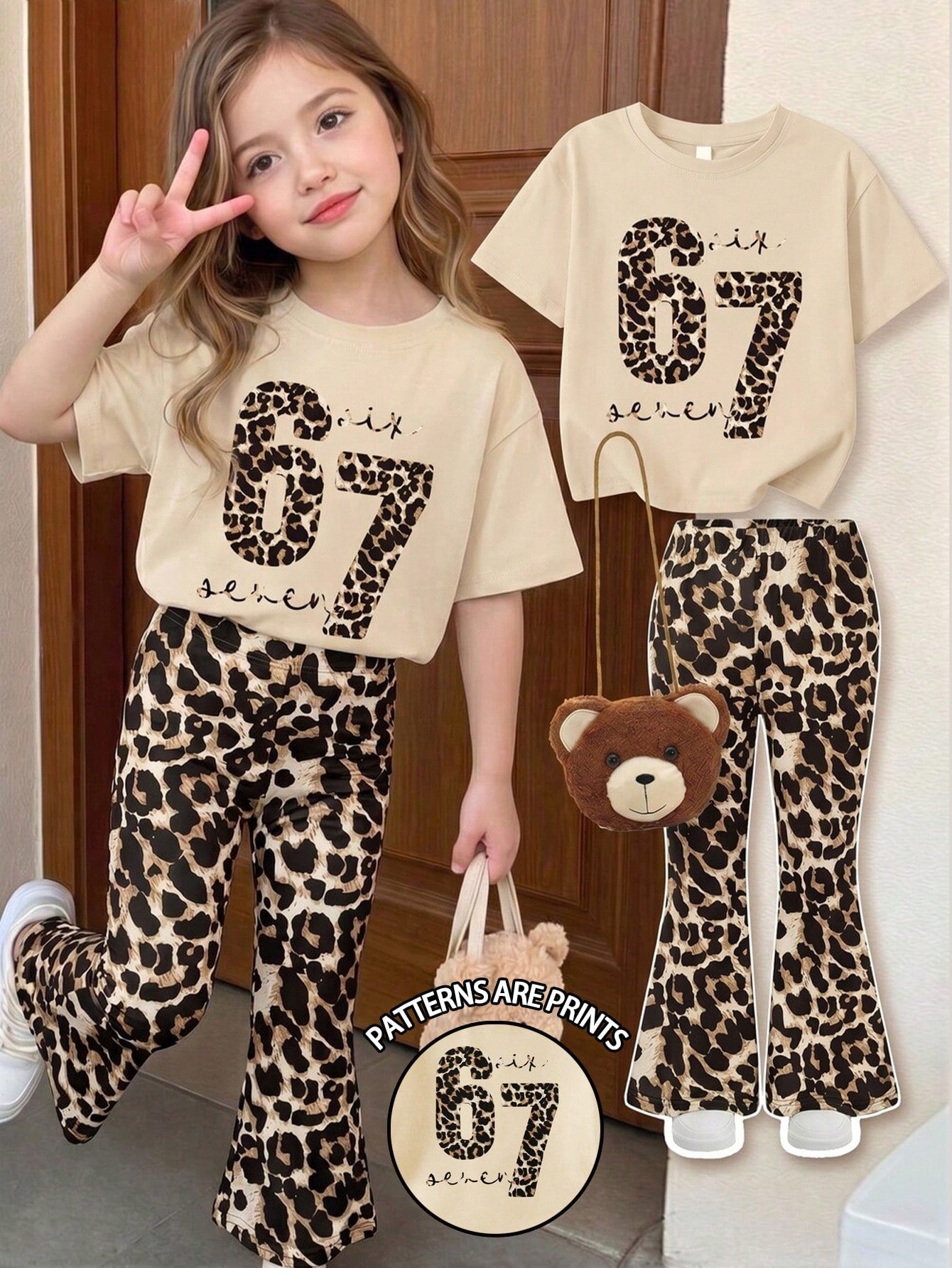 Elladie kids 2pcs/Set Young Girl Casual Butterfly Print Short Sleeve T-Shirt And Flare Pants,Cute Cartoon Graphic Fashionable Summer Clothes For School Outfit