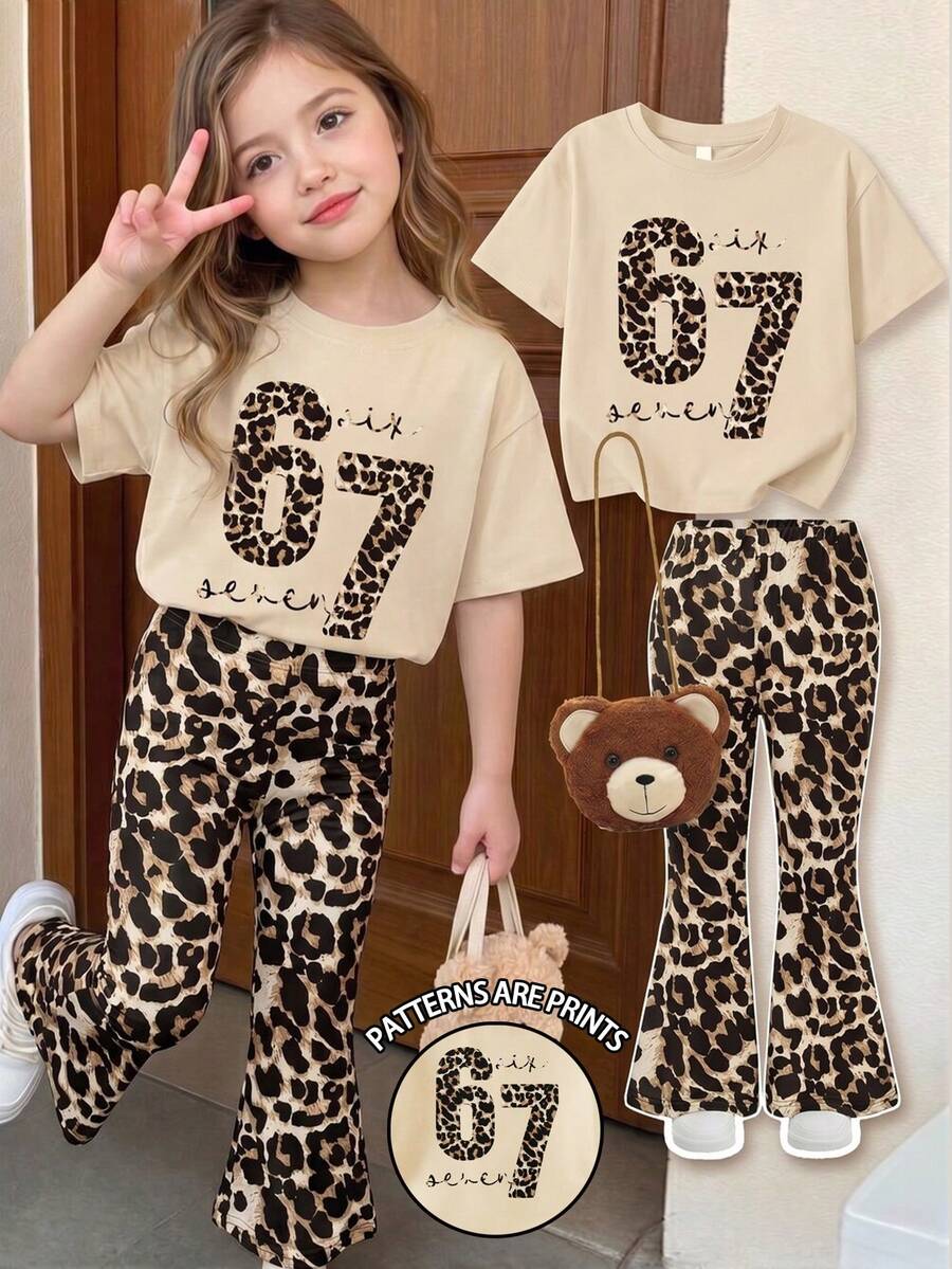 Elladie kids 2pcs/Set Young Girl Casual Butterfly Print Short Sleeve T-Shirt And Flare Pants,Cute Cartoon Graphic Fashionable Summer Clothes For School Outfit