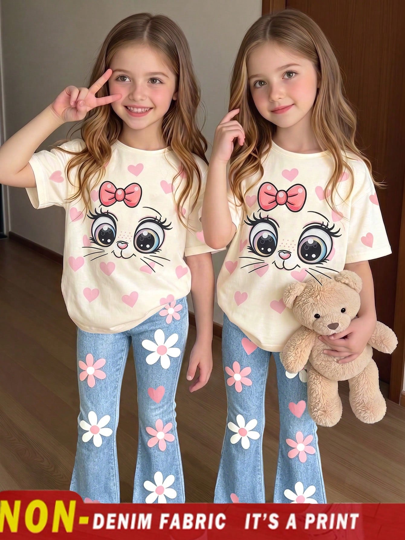 Elladie kids 2pcs/Set Young Girl Casual Butterfly Print Short Sleeve T-Shirt And Flare Pants,Cute Cartoon Graphic Fashionable Summer Clothes For School Outfit