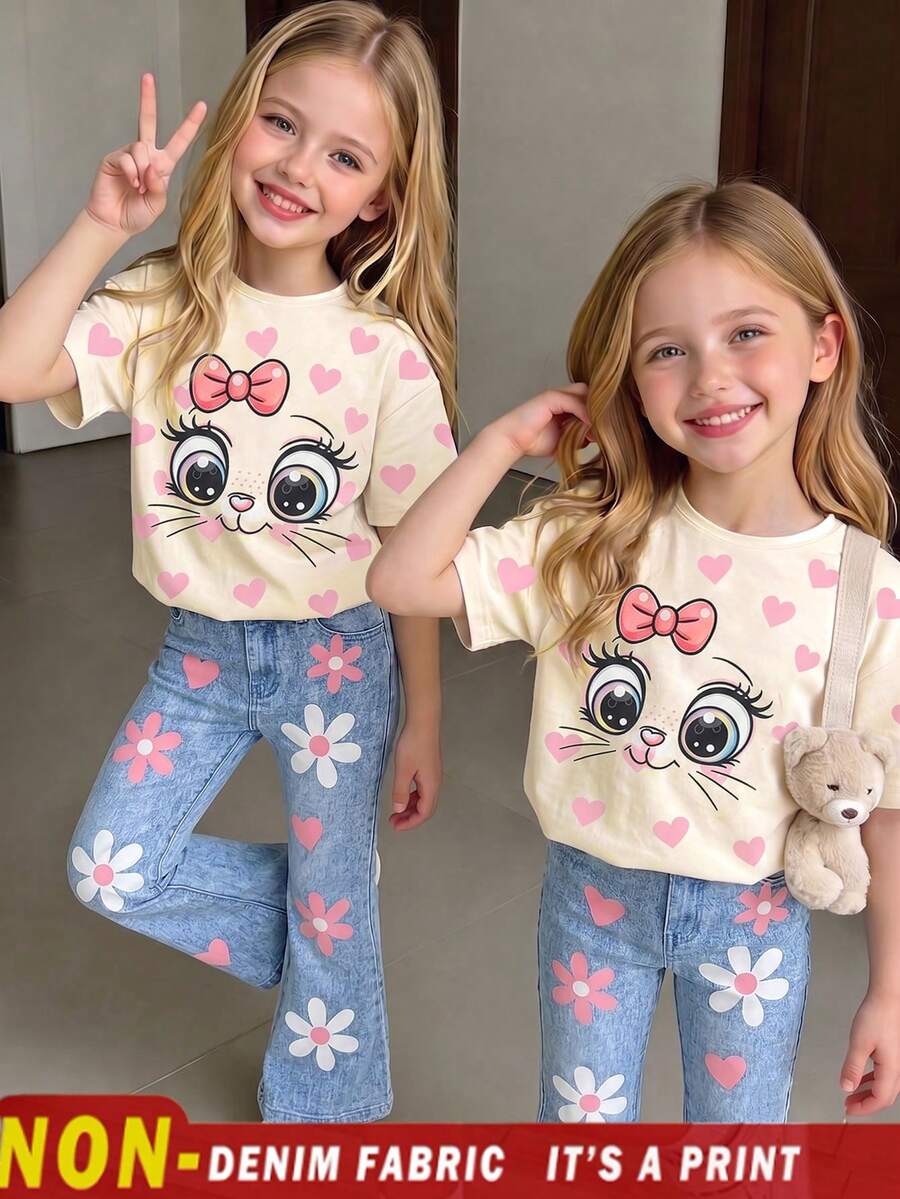 Elladie kids 2pcs/Set Young Girl Casual Butterfly Print Short Sleeve T-Shirt And Flare Pants,Cute Cartoon Graphic Fashionable Summer Clothes For School Outfit