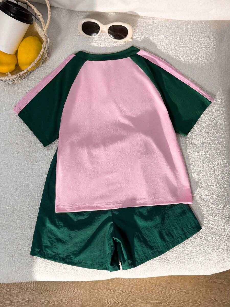 Genkimix Kids Young Girls Casual Light Sports Print Leopard Raglan T-Shirt With Cute Bow Front, Contrast Pink Knit Jersey Fabric, Y2K Retro Double Stripe Leopard Shorts Set, Suitable For Casual Activities, Street Style, Sports