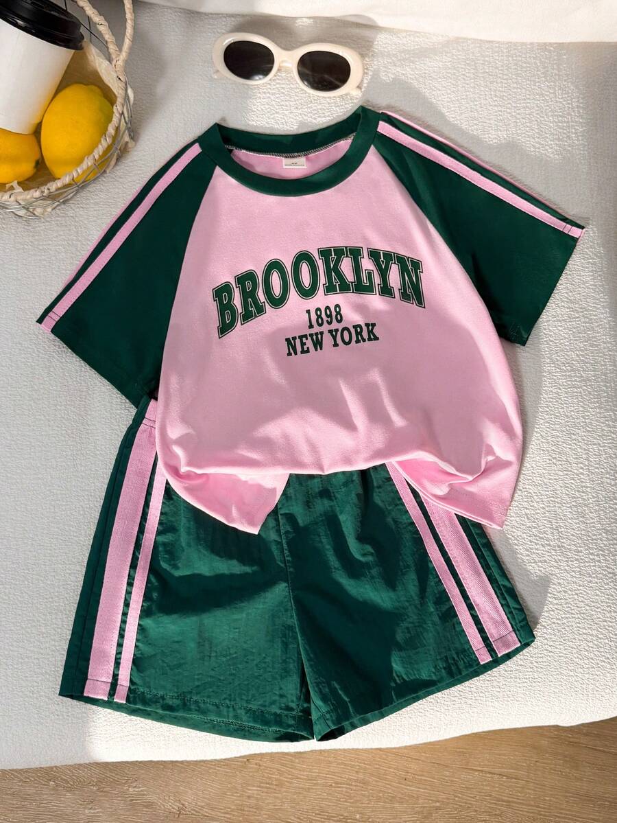 Genkimix Kids Young Girls Casual Light Sports Print Leopard Raglan T-Shirt With Cute Bow Front, Contrast Pink Knit Jersey Fabric, Y2K Retro Double Stripe Leopard Shorts Set, Suitable For Casual Activities, Street Style, Sports