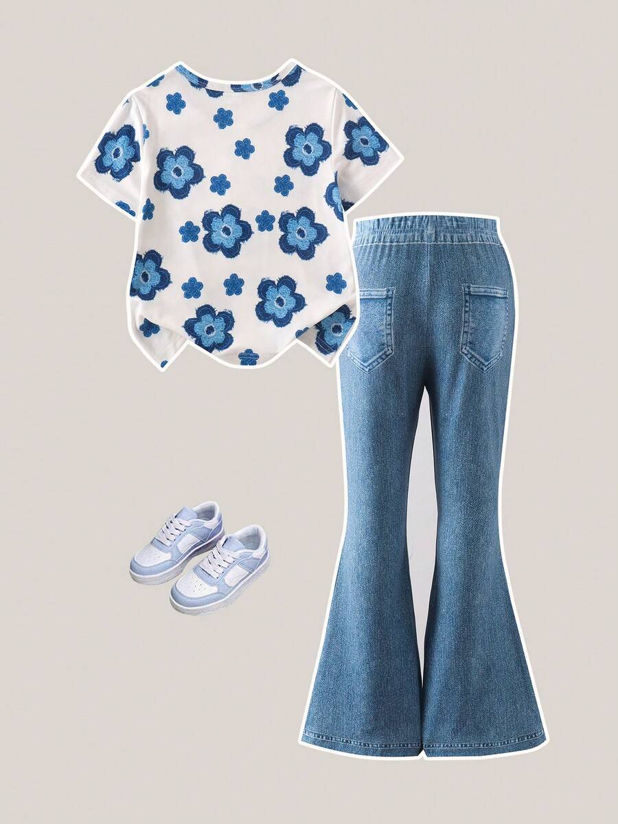 Elladie kids 2pcs/Set Young Girl Casual Butterfly Print Short Sleeve T-Shirt And Flare Pants,Cute Cartoon Graphic Fashionable Summer Clothes For School Outfit