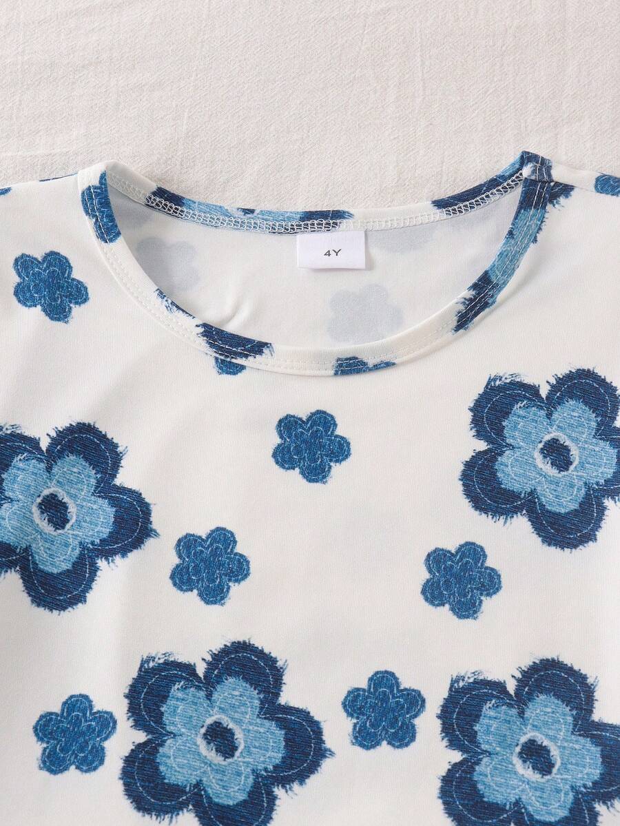 Elladie kids 2pcs/Set Young Girl Casual Butterfly Print Short Sleeve T-Shirt And Flare Pants,Cute Cartoon Graphic Fashionable Summer Clothes For School Outfit