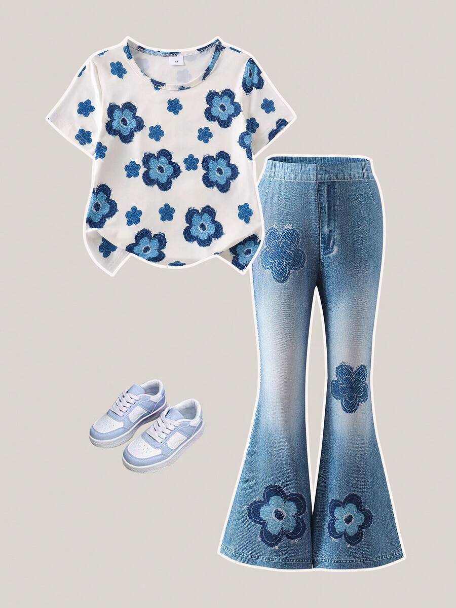 Elladie kids 2pcs/Set Young Girl Casual Butterfly Print Short Sleeve T-Shirt And Flare Pants,Cute Cartoon Graphic Fashionable Summer Clothes For School Outfit
