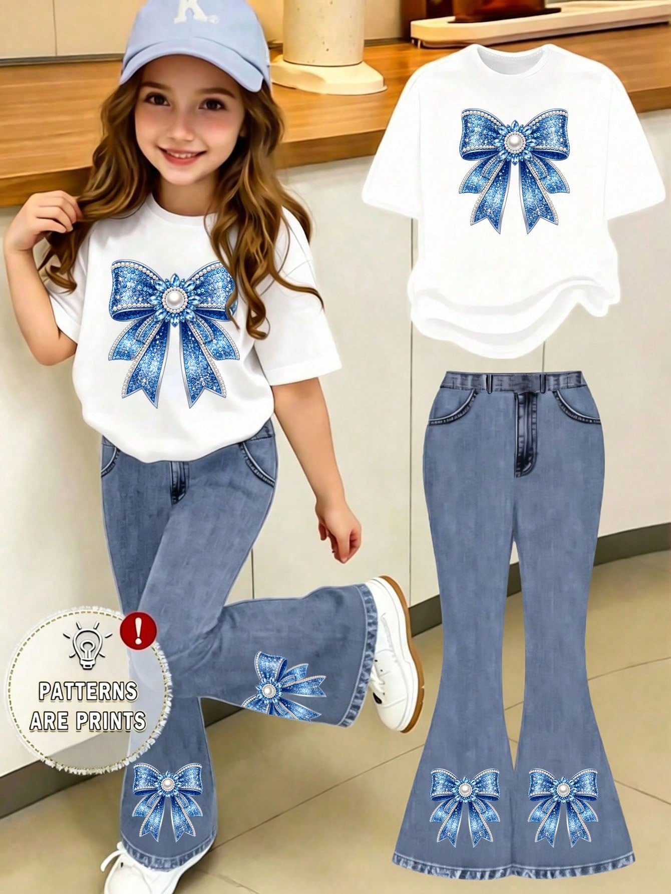 Elladie kids 2pcs/Set Young Girl Casual Butterfly Print Short Sleeve T-Shirt And Flare Pants,Cute Cartoon Graphic Fashionable Summer Clothes For School Outfit