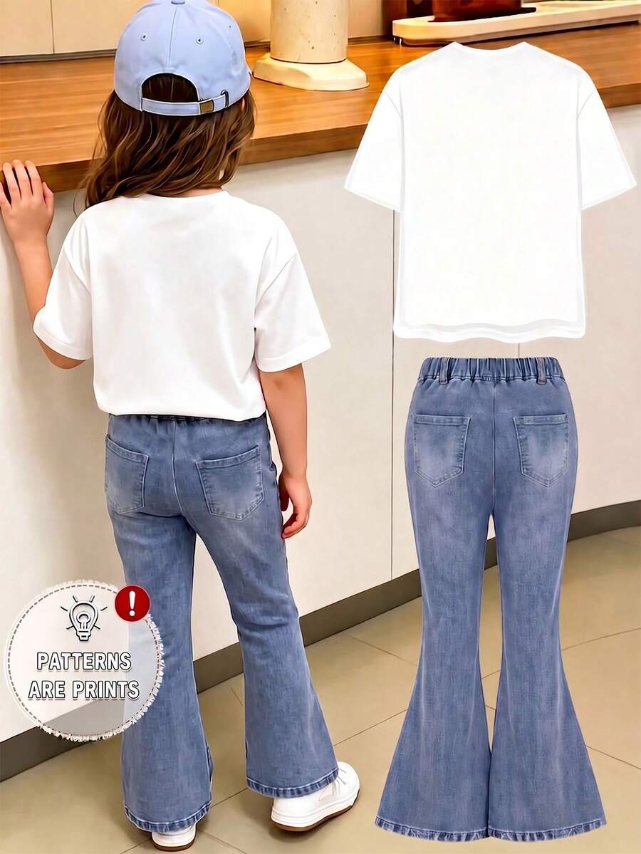 Elladie kids 2pcs/Set Young Girl Casual Butterfly Print Short Sleeve T-Shirt And Flare Pants,Cute Cartoon Graphic Fashionable Summer Clothes For School Outfit