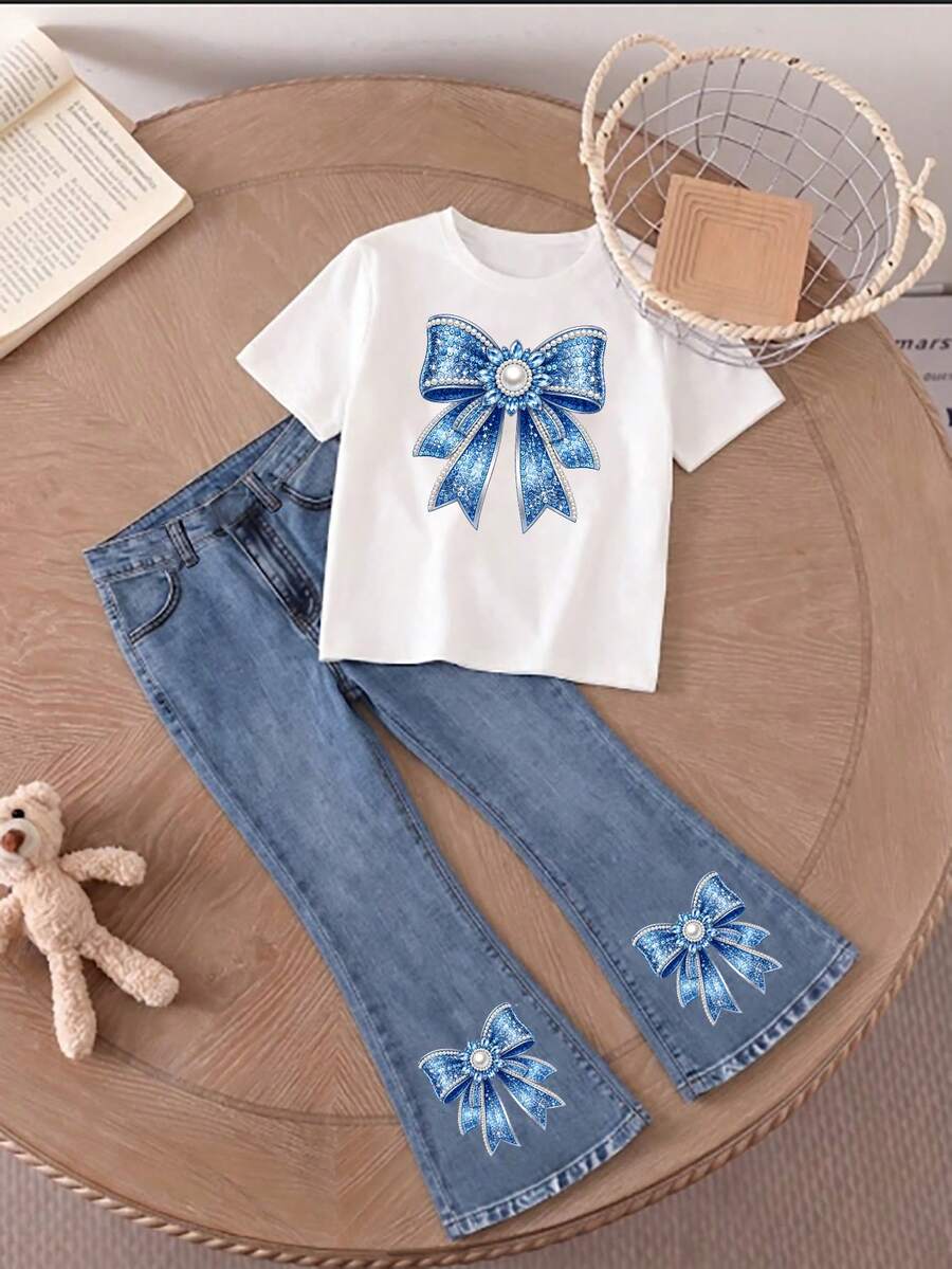 Elladie kids 2pcs/Set Young Girl Casual Butterfly Print Short Sleeve T-Shirt And Flare Pants,Cute Cartoon Graphic Fashionable Summer Clothes For School Outfit