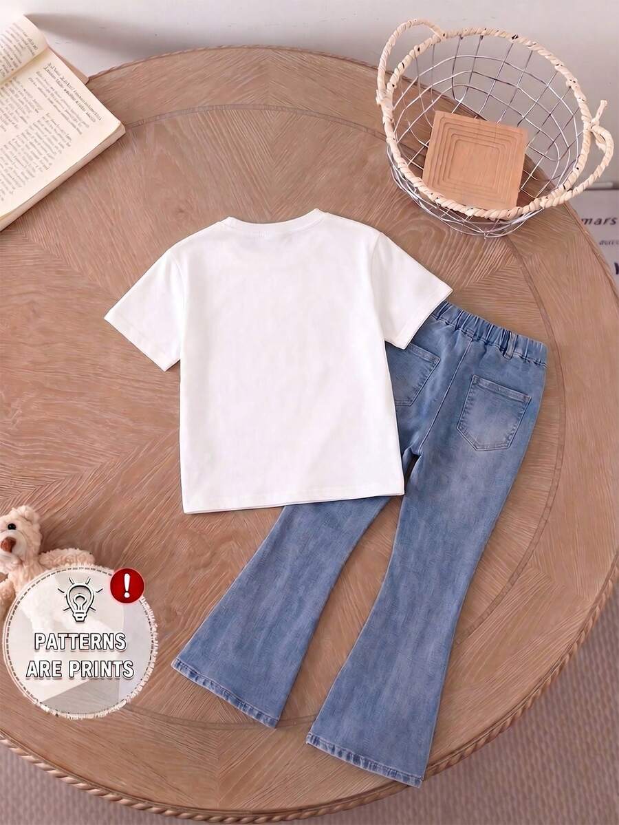 Elladie kids 2pcs/Set Young Girl Casual Butterfly Print Short Sleeve T-Shirt And Flare Pants,Cute Cartoon Graphic Fashionable Summer Clothes For School Outfit
