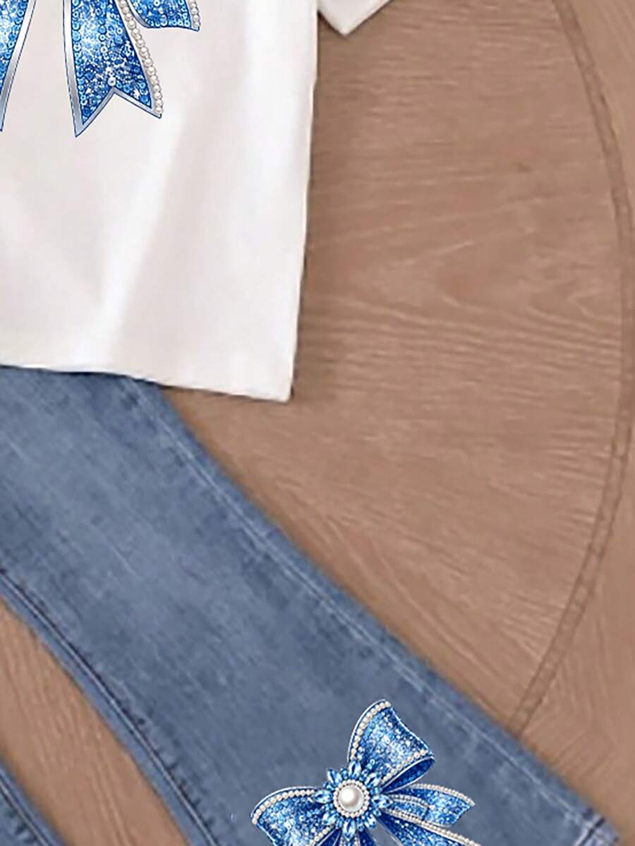 Elladie kids 2pcs/Set Young Girl Casual Butterfly Print Short Sleeve T-Shirt And Flare Pants,Cute Cartoon Graphic Fashionable Summer Clothes For School Outfit