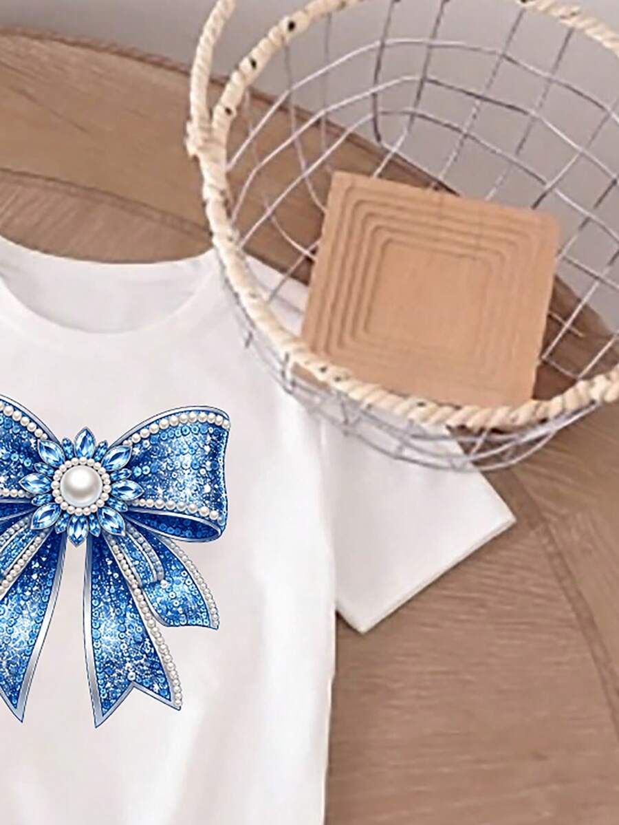 Elladie kids 2pcs/Set Young Girl Casual Butterfly Print Short Sleeve T-Shirt And Flare Pants,Cute Cartoon Graphic Fashionable Summer Clothes For School Outfit