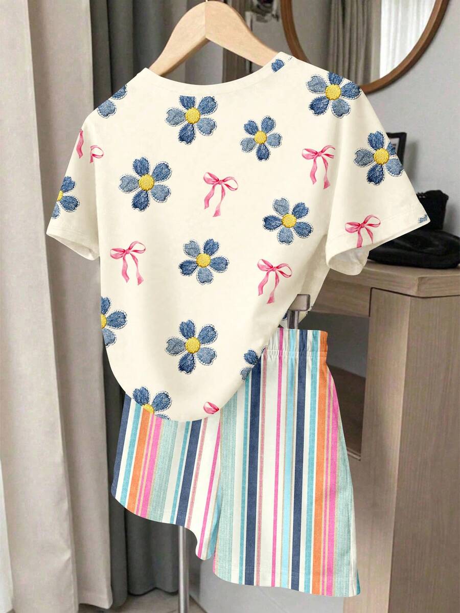 Young Girl Young Girl Casual Minimalist Short Sleeve T-Shirt And Shorts 2-Piece Set Suitable For Summer