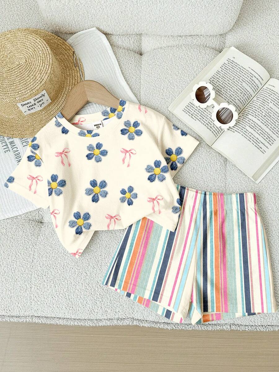 Young Girl Young Girl Casual Minimalist Short Sleeve T-Shirt And Shorts 2-Piece Set Suitable For Summer