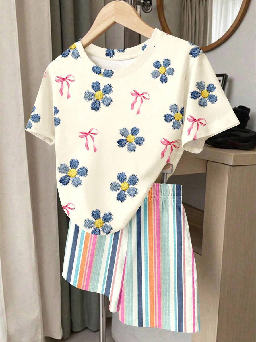 Young Girl Young Girl Casual Minimalist Short Sleeve T-Shirt And Shorts 2-Piece Set Suitable For Summer