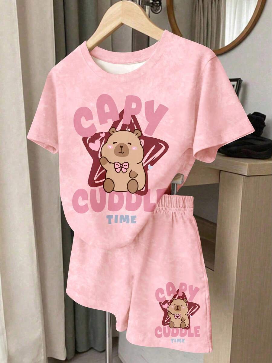 Young Girl Young Girl Casual Minimalist Short Sleeve T-Shirt And Shorts 2-Piece Set Suitable For Summer