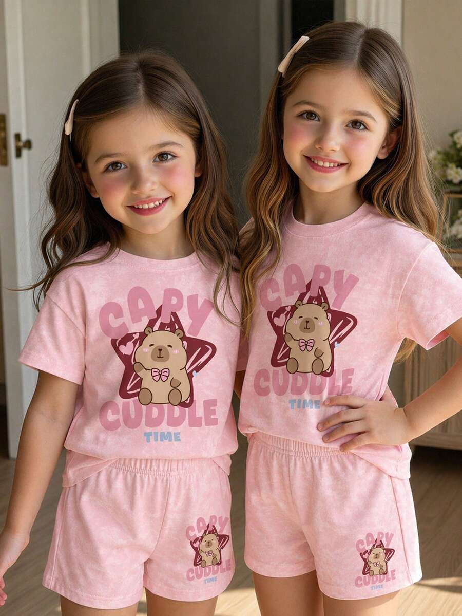 Young Girl Young Girl Casual Minimalist Short Sleeve T-Shirt And Shorts 2-Piece Set Suitable For Summer