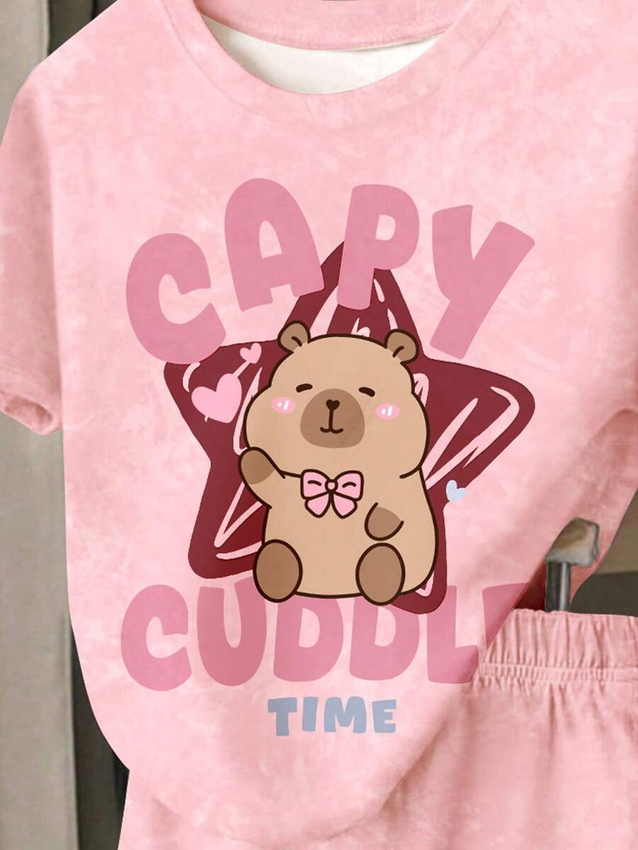 Young Girl Young Girl Casual Minimalist Short Sleeve T-Shirt And Shorts 2-Piece Set Suitable For Summer