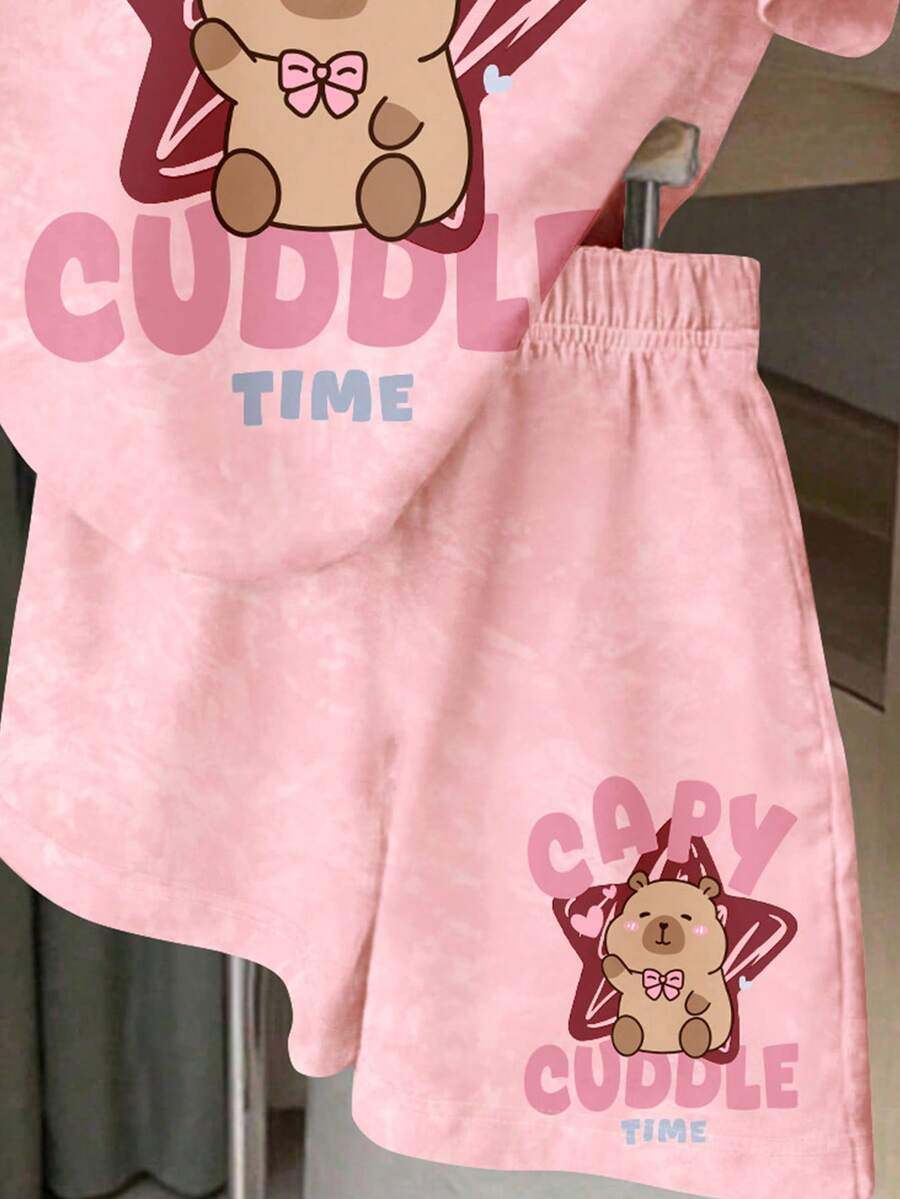 Young Girl Young Girl Casual Minimalist Short Sleeve T-Shirt And Shorts 2-Piece Set Suitable For Summer