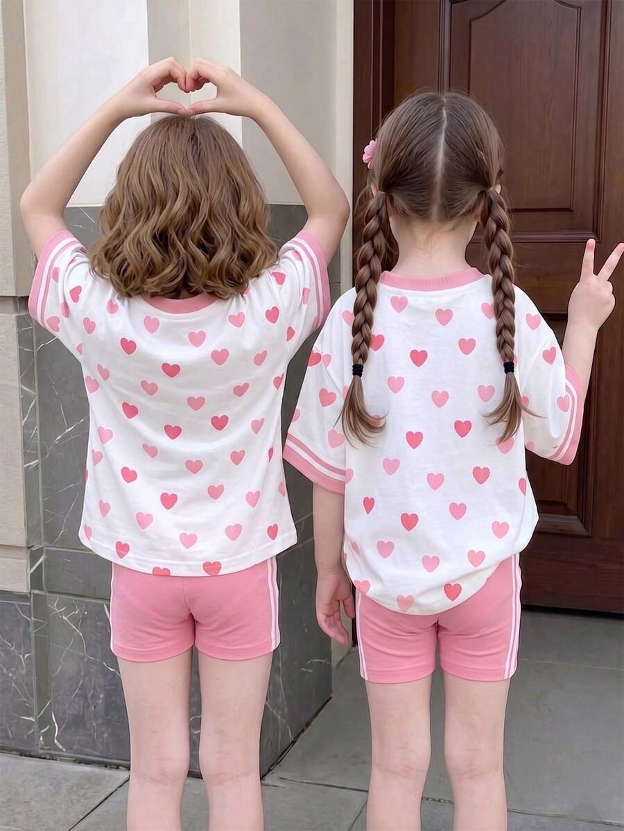 Elladie kids 2pcs/Set 4-7 Years Old Girls Toddler Outfits,Summer Cherry Bow Print Blue & White Striped Round Neck Short Sleeve T-Shirt + Shorts,Fresh Cute Style