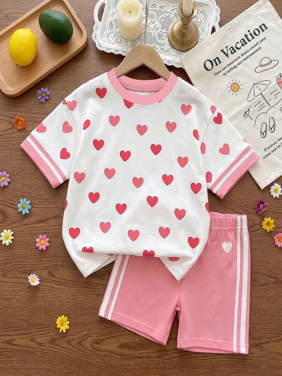 Elladie kids 2pcs/Set 4-7 Years Old Girls Toddler Outfits,Summer Cherry Bow Print Blue & White Striped Round Neck Short Sleeve T-Shirt + Shorts,Fresh Cute Style