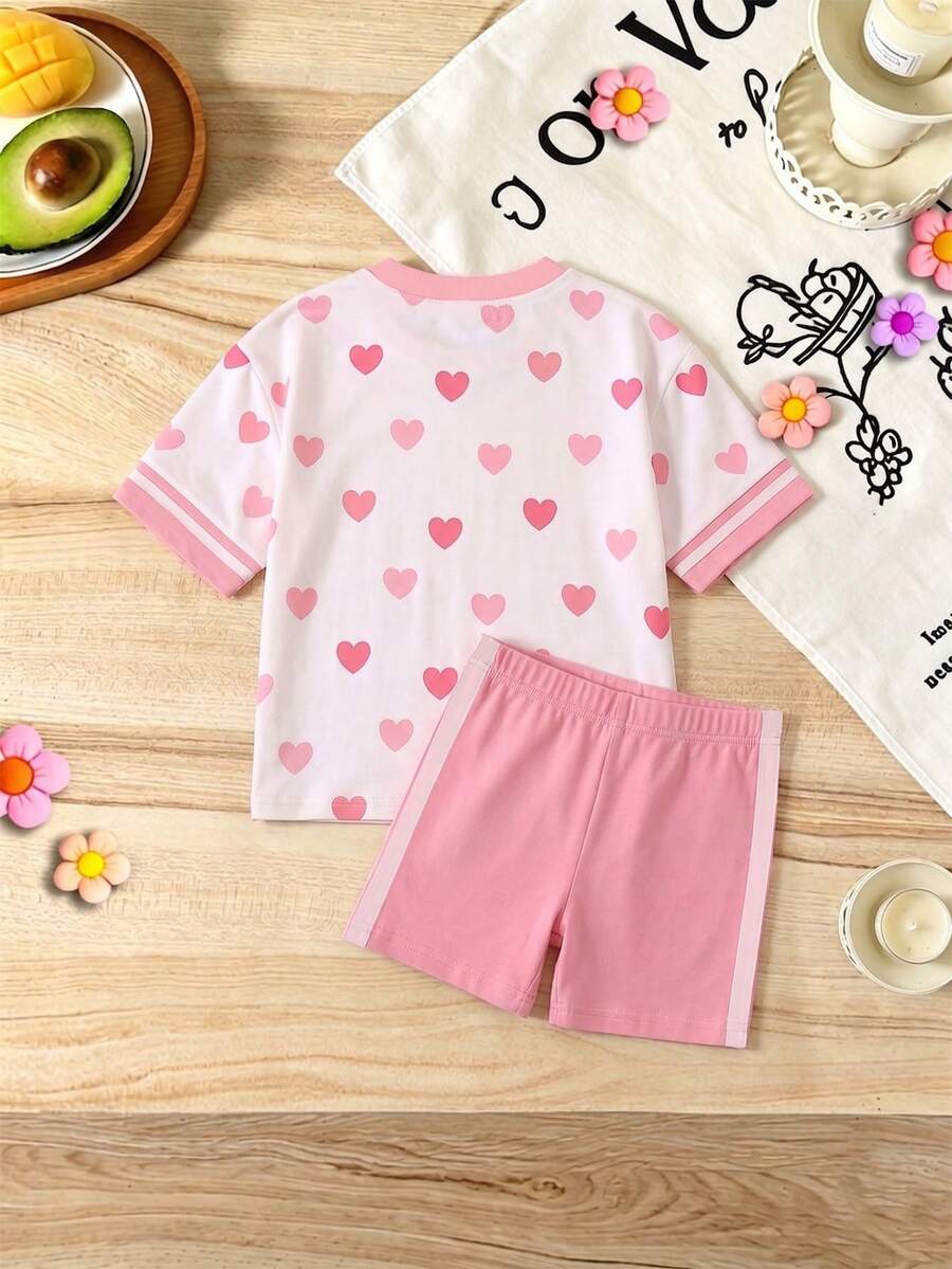 Elladie kids 2pcs/Set 4-7 Years Old Girls Toddler Outfits,Summer Cherry Bow Print Blue & White Striped Round Neck Short Sleeve T-Shirt + Shorts,Fresh Cute Style