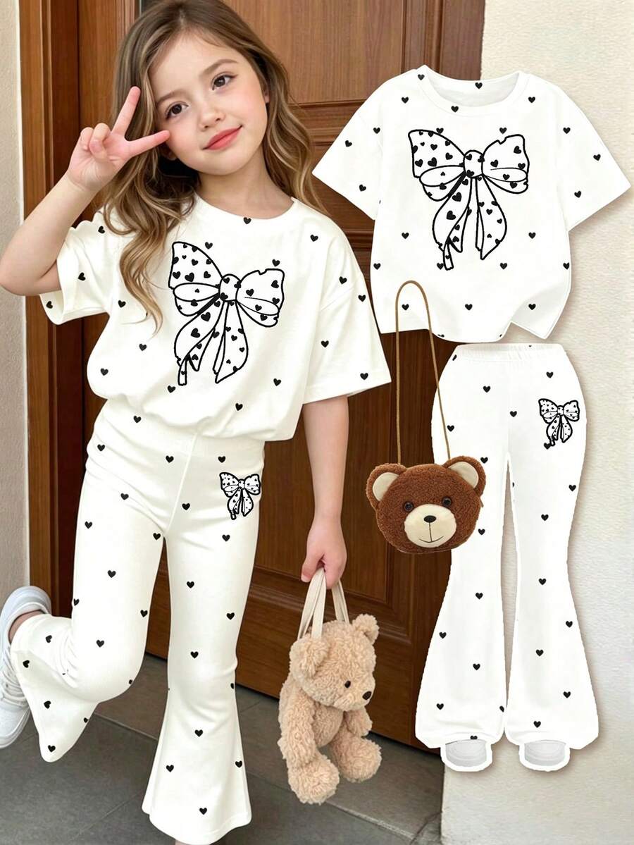 Elladie kids 2pcs/Set Young Girl Casual Butterfly Print Short Sleeve T-Shirt And Flare Pants,Cute Cartoon Graphic Fashionable Summer Clothes For School Outfit