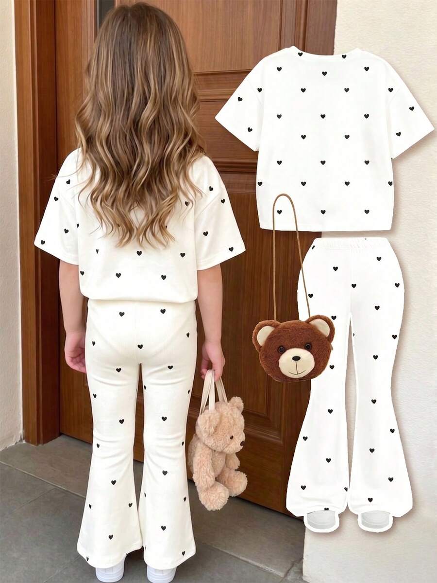 Elladie kids 2pcs/Set Young Girl Casual Butterfly Print Short Sleeve T-Shirt And Flare Pants,Cute Cartoon Graphic Fashionable Summer Clothes For School Outfit