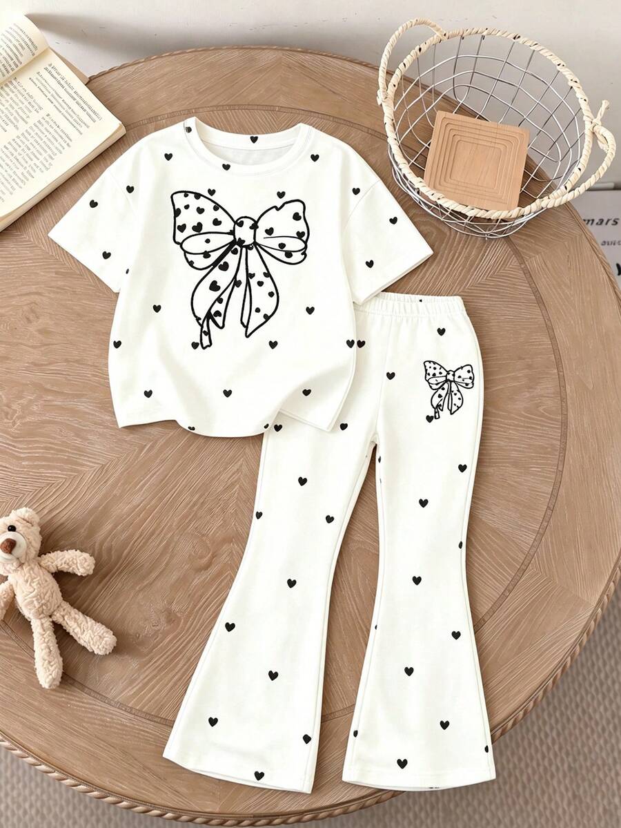 Elladie kids 2pcs/Set Young Girl Casual Butterfly Print Short Sleeve T-Shirt And Flare Pants,Cute Cartoon Graphic Fashionable Summer Clothes For School Outfit