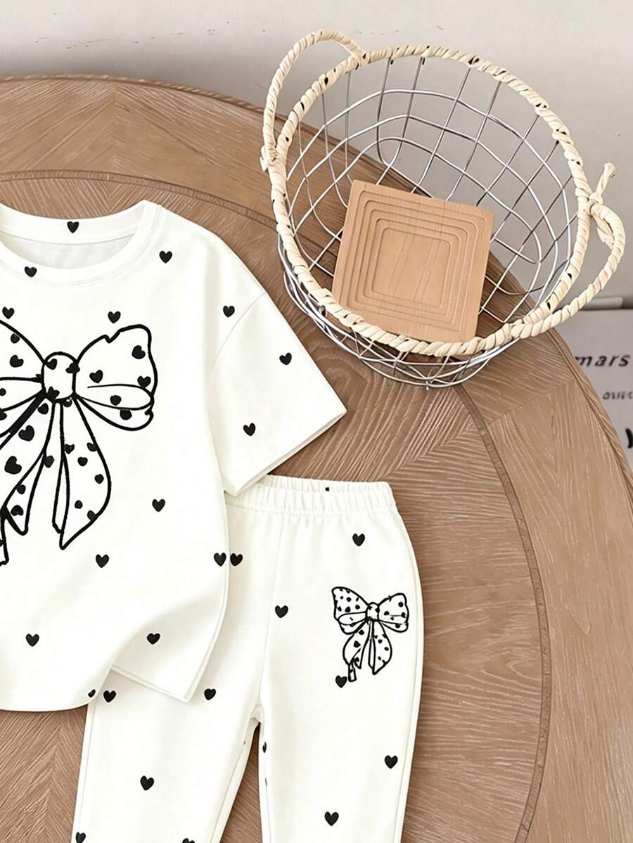 Elladie kids 2pcs/Set Young Girl Casual Butterfly Print Short Sleeve T-Shirt And Flare Pants,Cute Cartoon Graphic Fashionable Summer Clothes For School Outfit