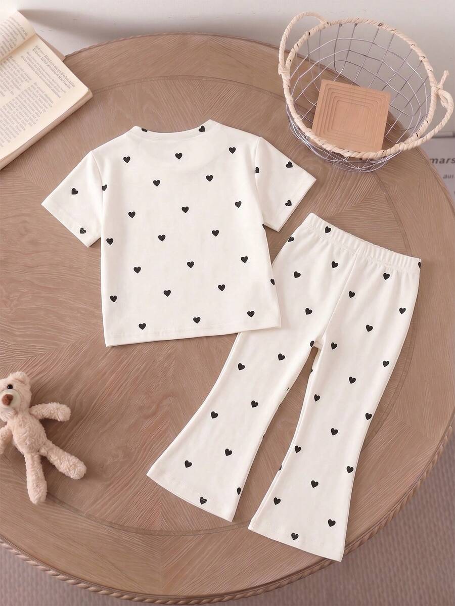Elladie kids 2pcs/Set Young Girl Casual Butterfly Print Short Sleeve T-Shirt And Flare Pants,Cute Cartoon Graphic Fashionable Summer Clothes For School Outfit