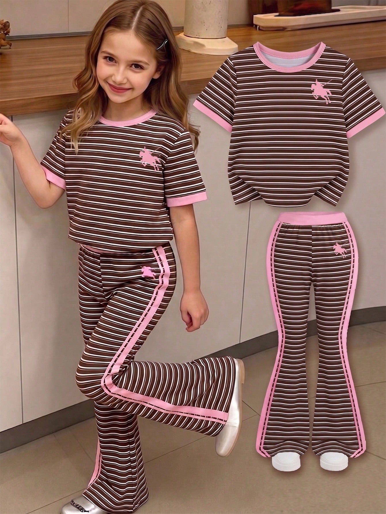 Elladie kids 2pcs/Set Young Girl Casual Butterfly Print Short Sleeve T-Shirt And Flare Pants,Cute Cartoon Graphic Fashionable Summer Clothes For School Outfit