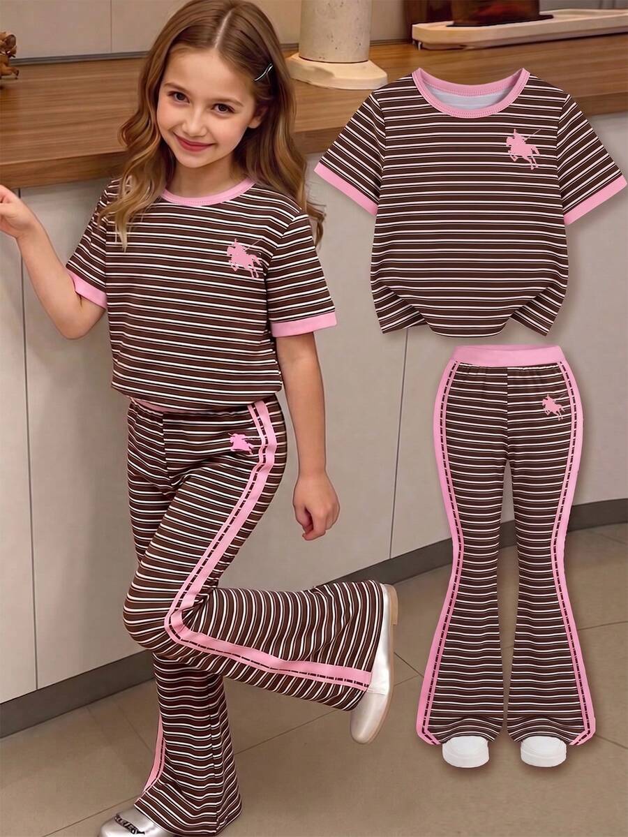 Elladie kids 2pcs/Set Young Girl Casual Butterfly Print Short Sleeve T-Shirt And Flare Pants,Cute Cartoon Graphic Fashionable Summer Clothes For School Outfit