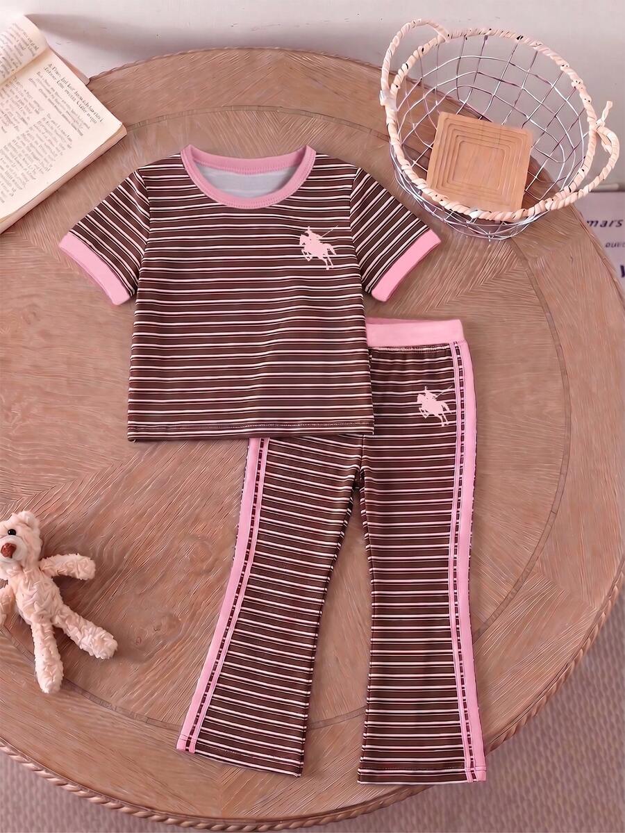 Elladie kids 2pcs/Set Young Girl Casual Butterfly Print Short Sleeve T-Shirt And Flare Pants,Cute Cartoon Graphic Fashionable Summer Clothes For School Outfit