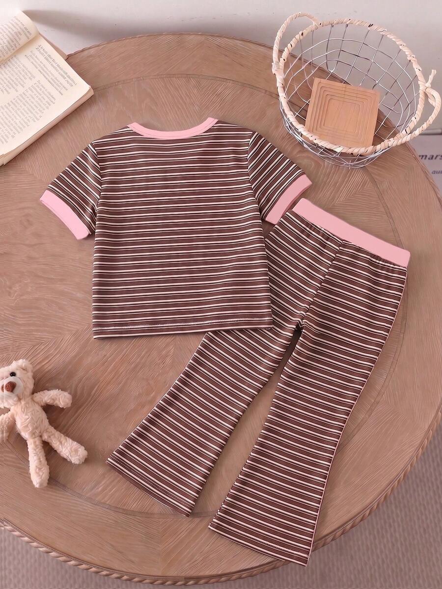 Elladie kids 2pcs/Set Young Girl Casual Butterfly Print Short Sleeve T-Shirt And Flare Pants,Cute Cartoon Graphic Fashionable Summer Clothes For School Outfit