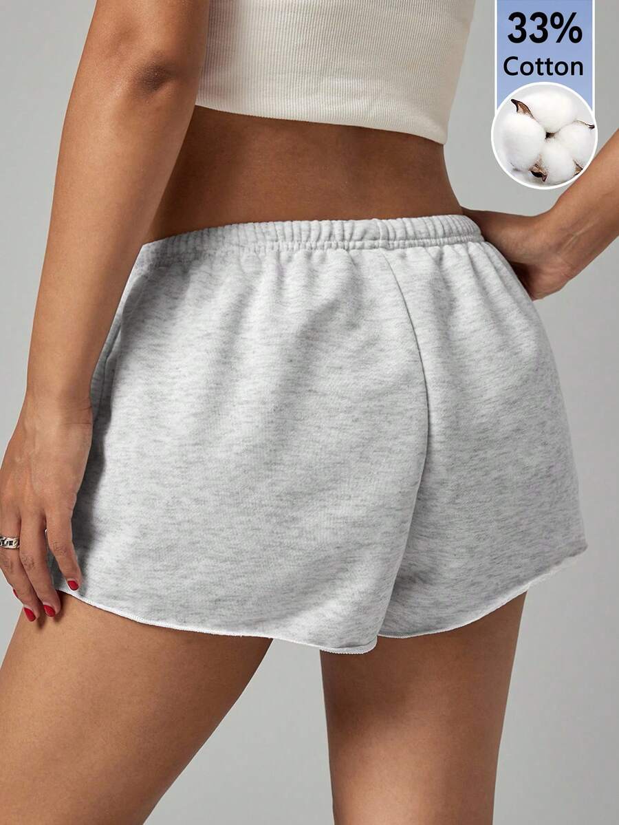 Petite women's burgundy casual track shorts with drawstring waist, raw hem, loose fit, and mini length