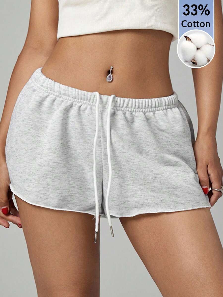 Petite women's burgundy casual track shorts with drawstring waist, raw hem, loose fit, and mini length