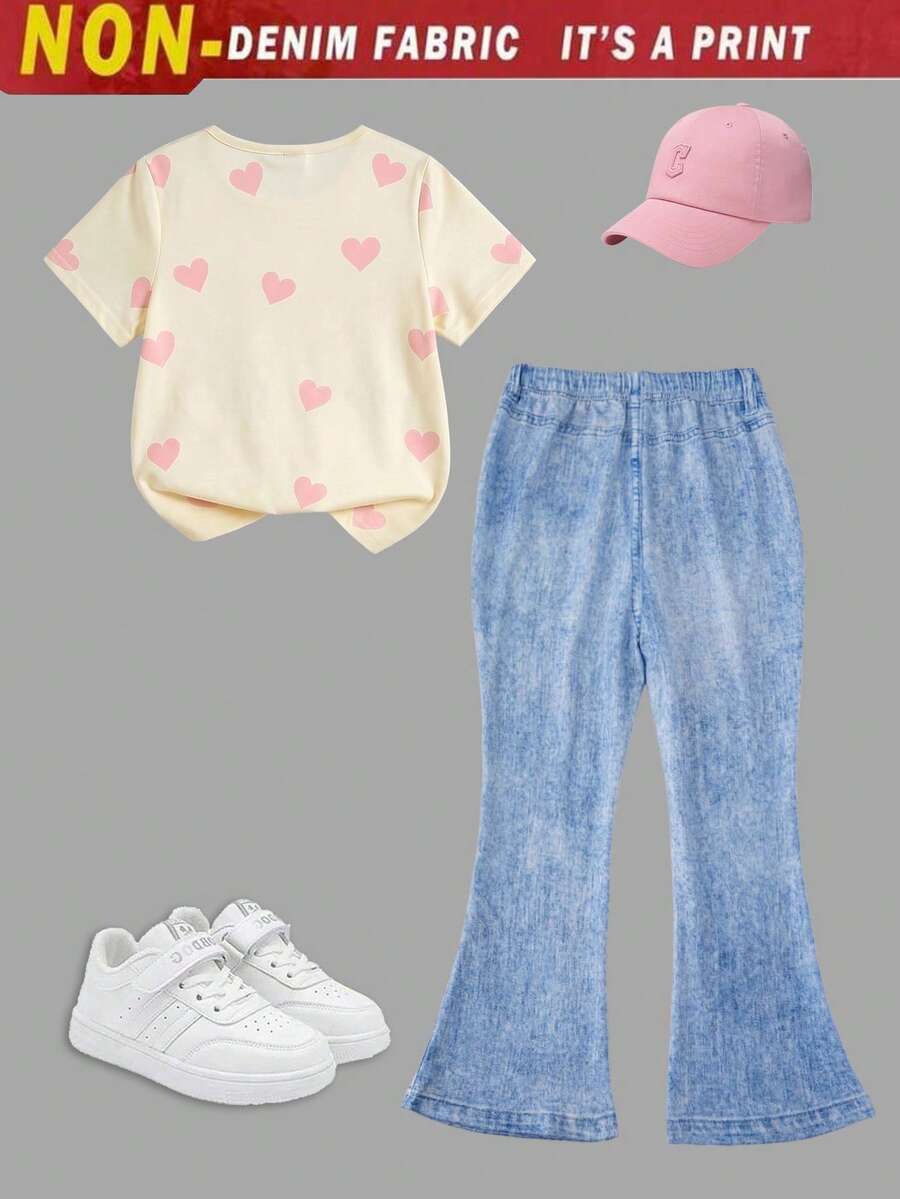 Elladie kids 2pcs/Set Young Girl Casual Butterfly Print Short Sleeve T-Shirt And Flare Pants,Cute Cartoon Graphic Fashionable Summer Clothes For School Outfit