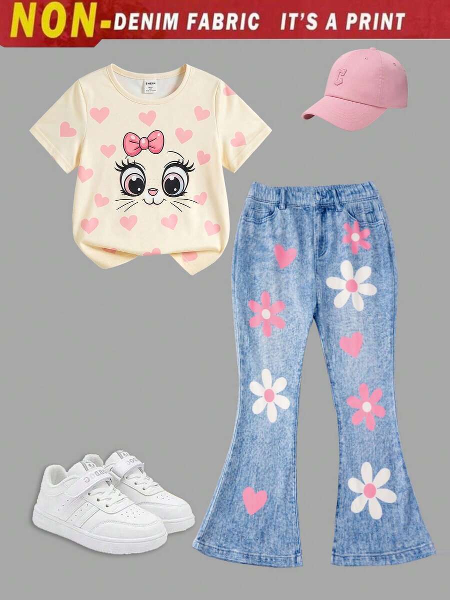 Elladie kids 2pcs/Set Young Girl Casual Butterfly Print Short Sleeve T-Shirt And Flare Pants,Cute Cartoon Graphic Fashionable Summer Clothes For School Outfit