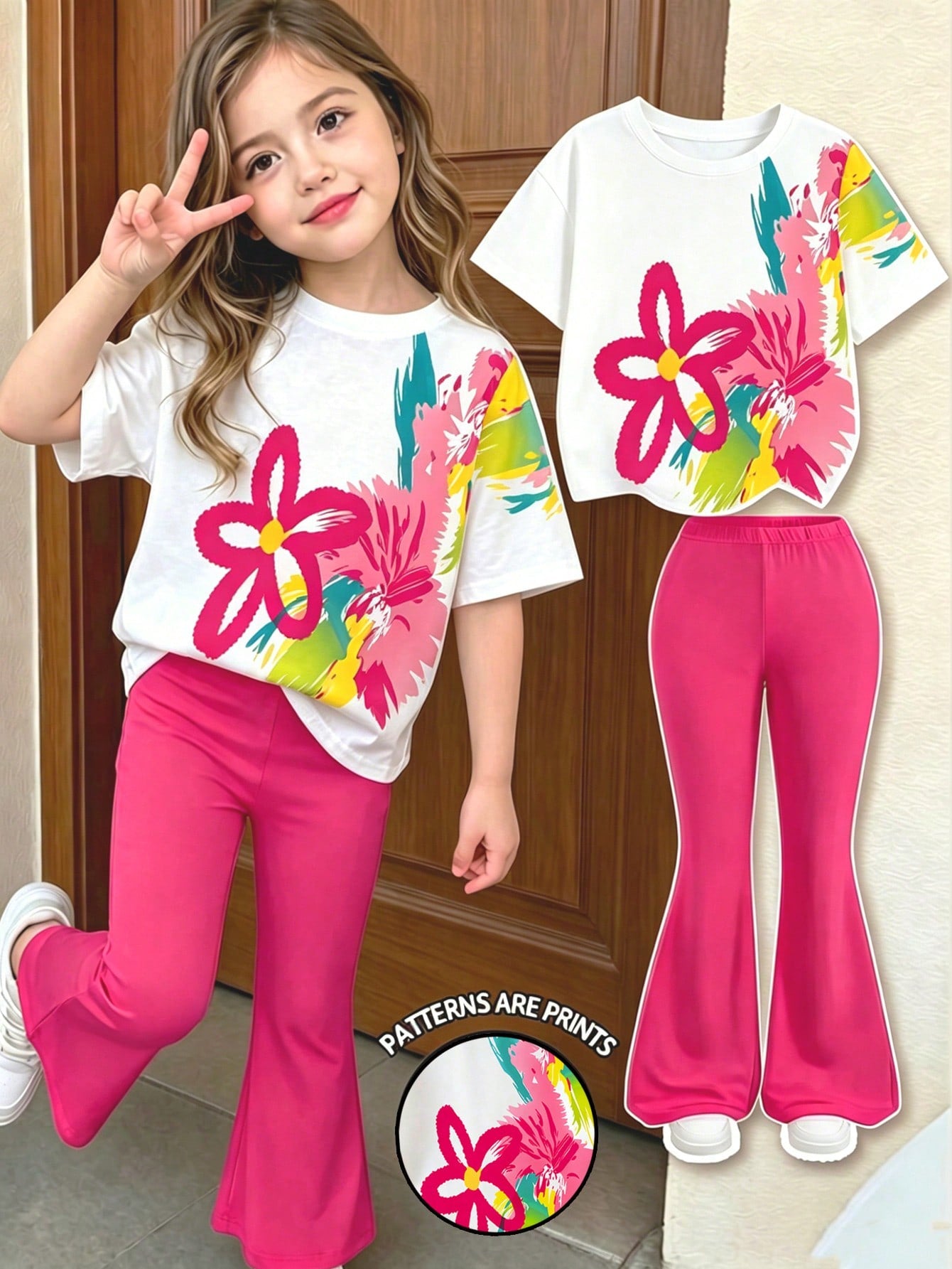 Elladie kids 2pcs/Set Young Girl Casual Butterfly Print Short Sleeve T-Shirt And Flare Pants,Cute Cartoon Graphic Fashionable Summer Clothes For School Outfit
