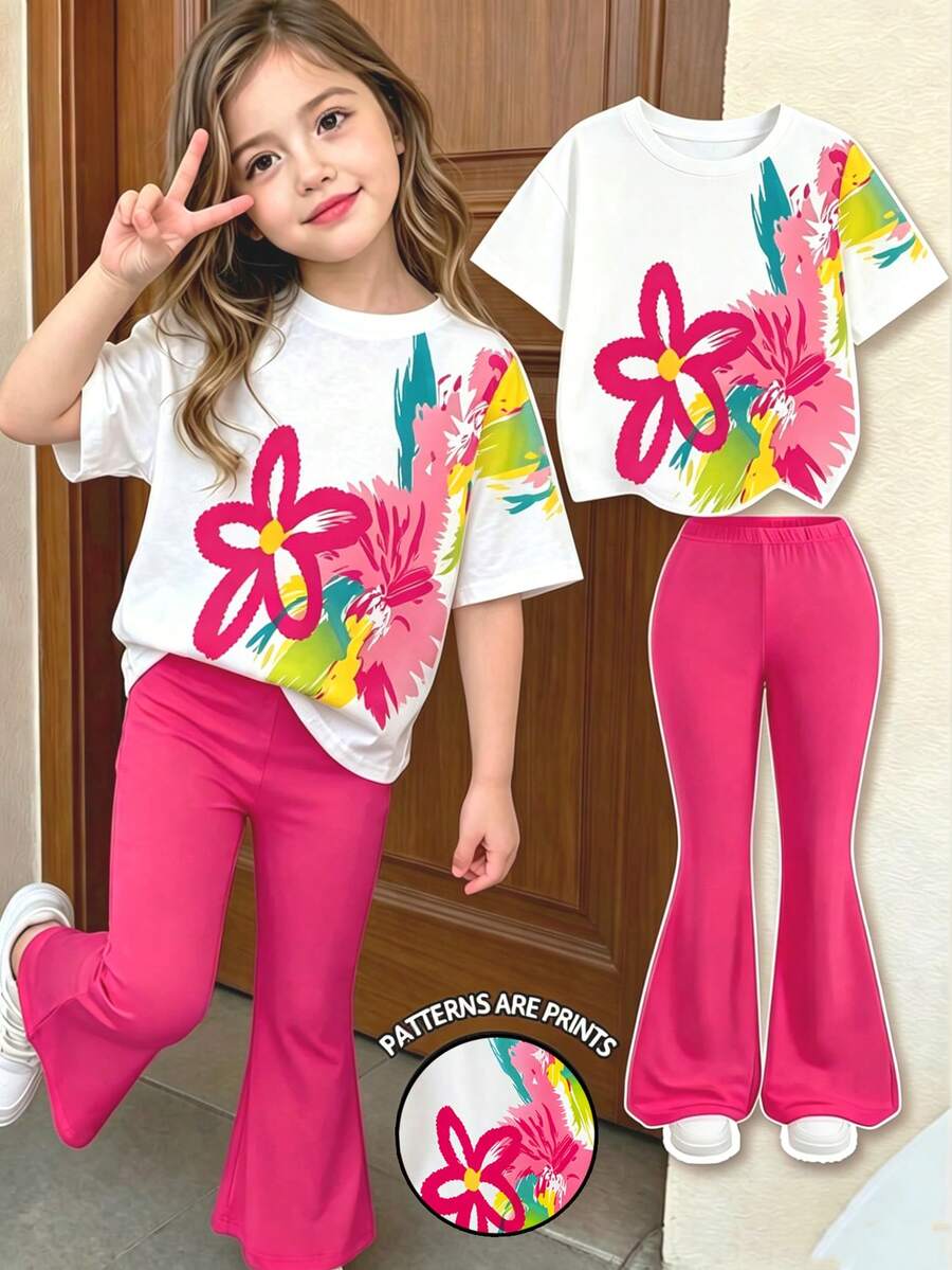 Elladie kids 2pcs/Set Young Girl Casual Butterfly Print Short Sleeve T-Shirt And Flare Pants,Cute Cartoon Graphic Fashionable Summer Clothes For School Outfit