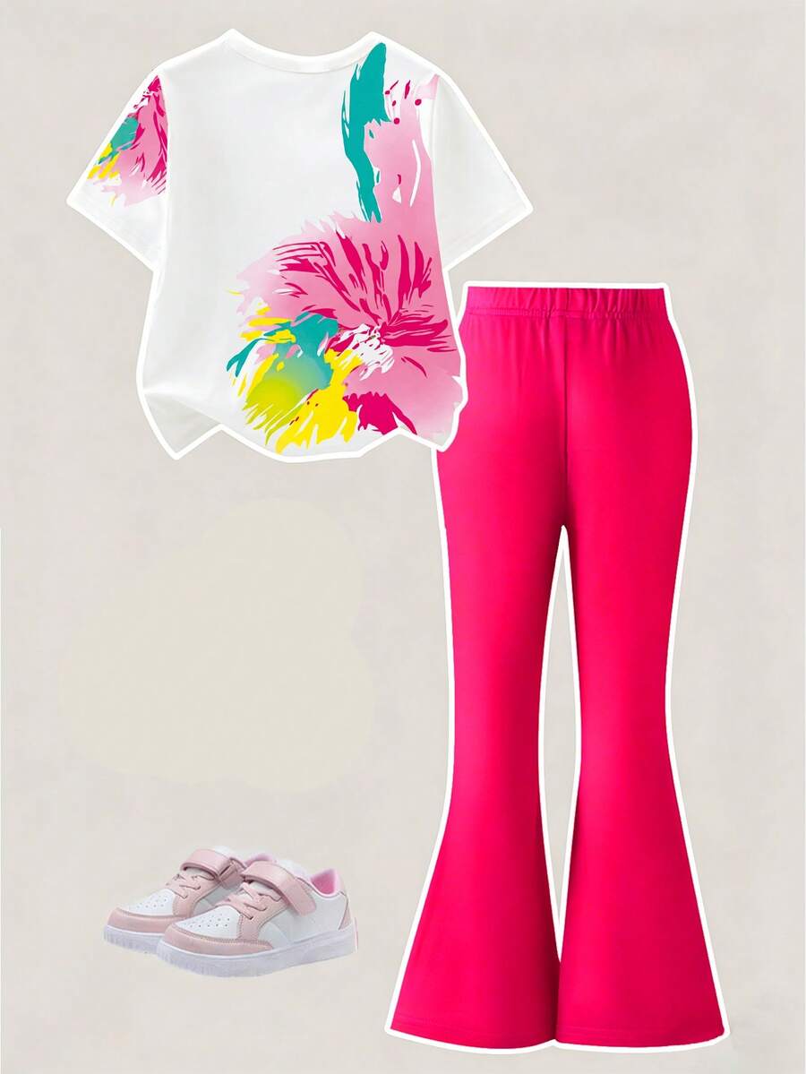 Elladie kids 2pcs/Set Young Girl Casual Butterfly Print Short Sleeve T-Shirt And Flare Pants,Cute Cartoon Graphic Fashionable Summer Clothes For School Outfit