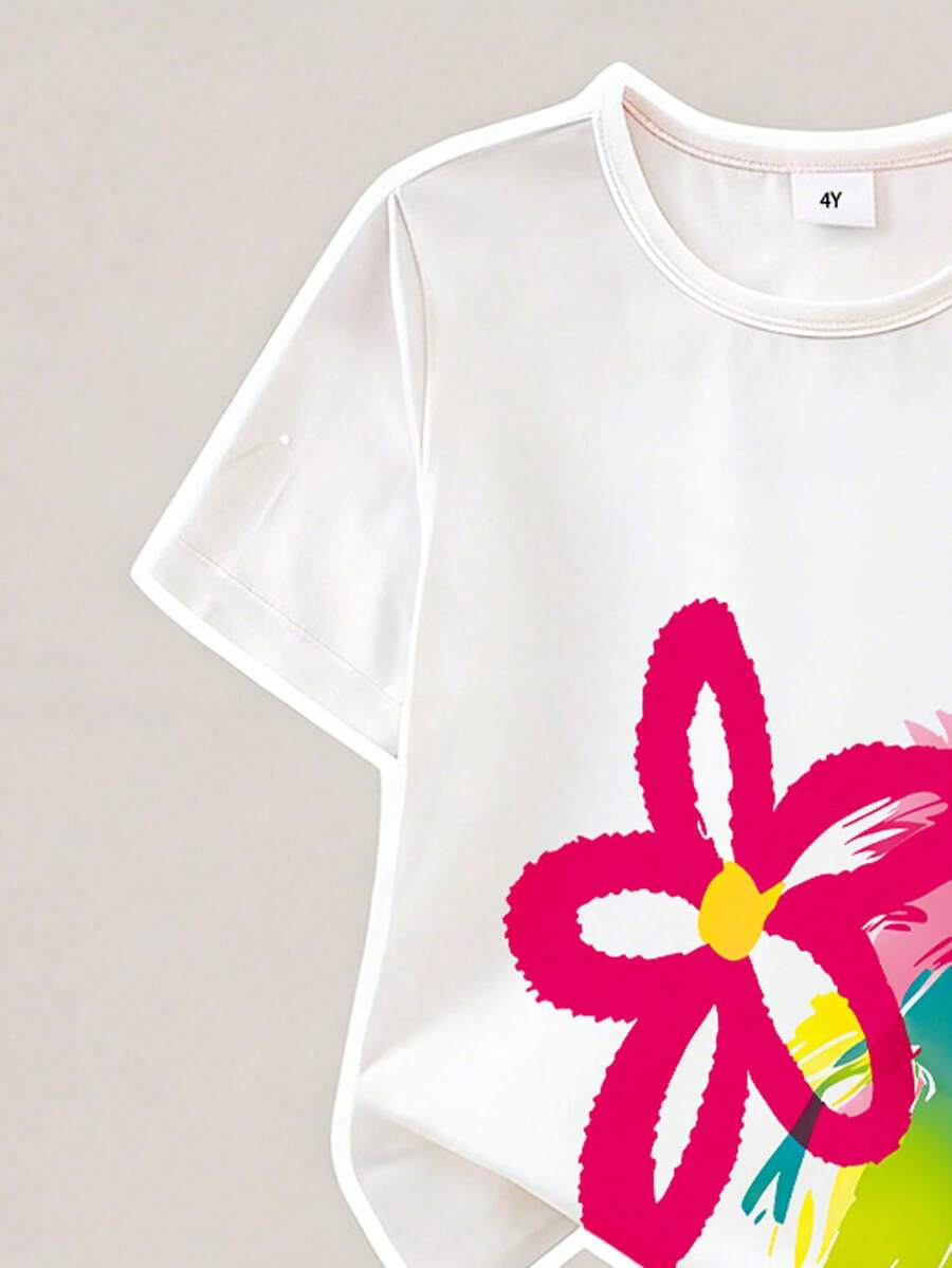 Elladie kids 2pcs/Set Young Girl Casual Butterfly Print Short Sleeve T-Shirt And Flare Pants,Cute Cartoon Graphic Fashionable Summer Clothes For School Outfit