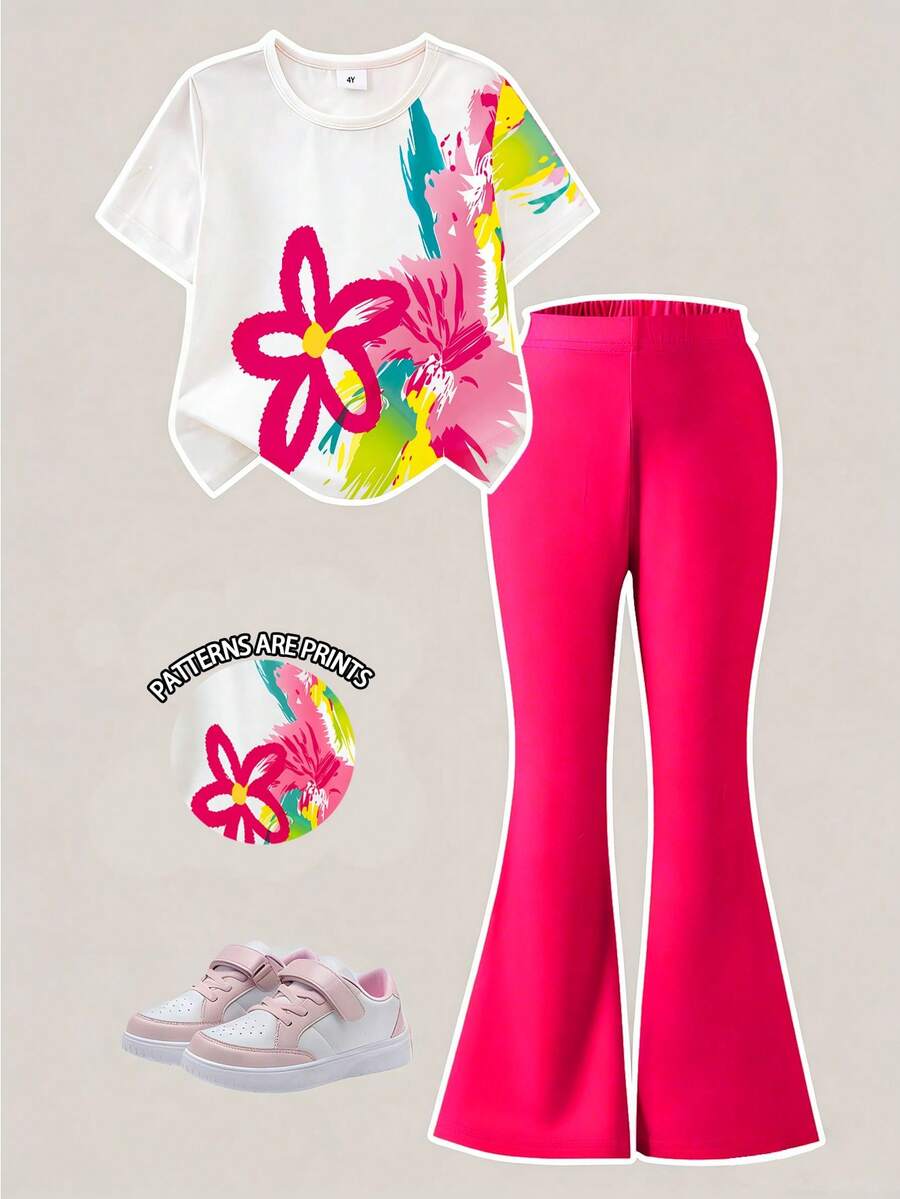 Elladie kids 2pcs/Set Young Girl Casual Butterfly Print Short Sleeve T-Shirt And Flare Pants,Cute Cartoon Graphic Fashionable Summer Clothes For School Outfit