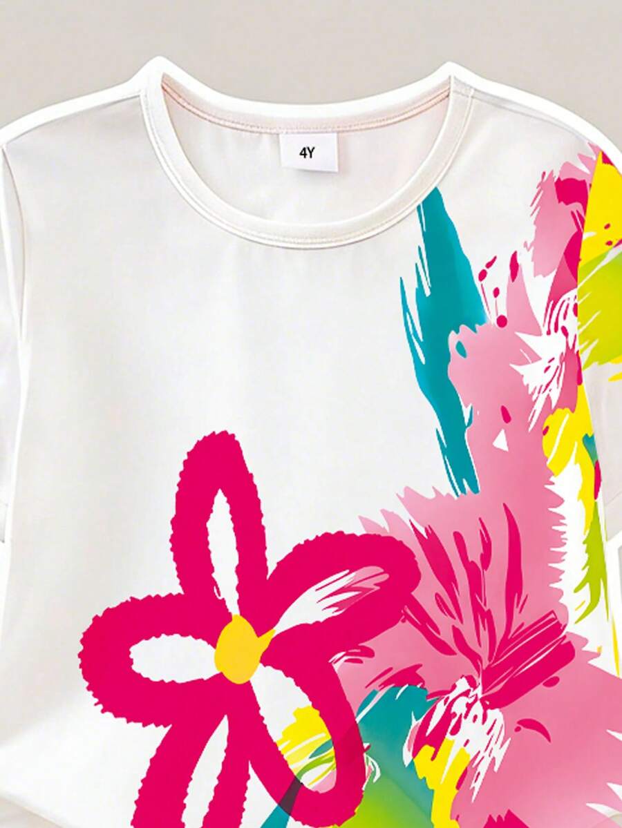 Elladie kids 2pcs/Set Young Girl Casual Butterfly Print Short Sleeve T-Shirt And Flare Pants,Cute Cartoon Graphic Fashionable Summer Clothes For School Outfit